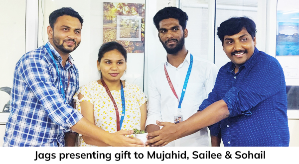 Jags presenting gift to Mujahid, Sailee & Sohail